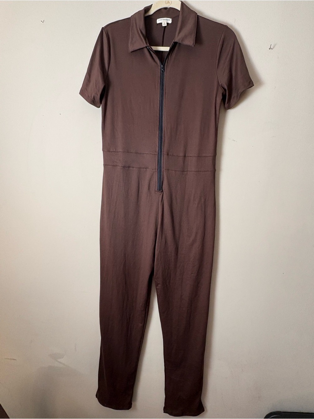 EARTHBOUND Chocolate Brown Short-Sleeve Zip Jumpsuit